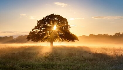 Wall Mural - oak tree in meadow at sunrise sunbeams breaking through morning fog