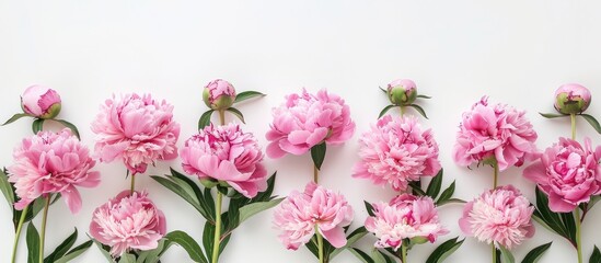 Aufkleber - Pink peony flowers arranged in a frame on a white background for a flat lay view with top view perspective providing copy space for an image