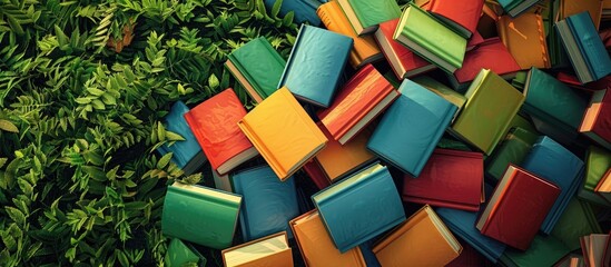 Poster - A pile of vibrant books is showcased on a lush green backdrop in this top down view leaving room for text in the copy space image