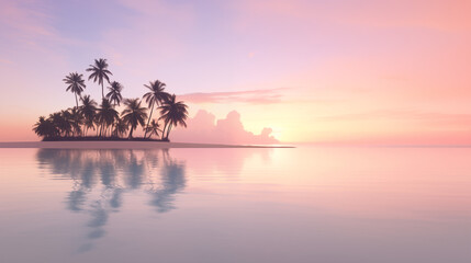 Wall Mural - Tropical Island Palm Trees Reflected in Calm Sunset Ocean Pink Sky