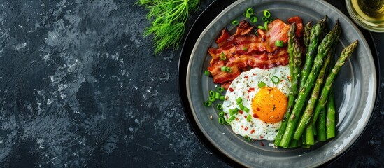 Aufkleber - Image of grilled asparagus served on a plate with bacon and egg sauce in a flat lay setup featuring ample copy space