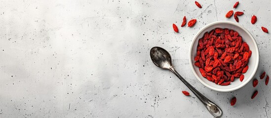 Wall Mural - Top view of a light grey table with a bowl of dried goji berries accompanied by a scoop suitable for adding text with copy space image