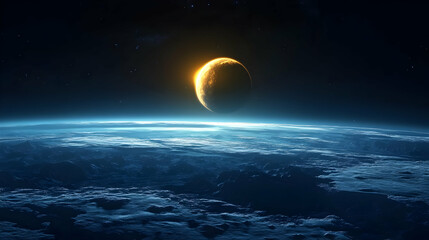 Wall Mural - A crescent moon rises over a distant, icy planet.