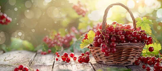 Aufkleber - Close up view of red currant berries in a basket on a white wooden table with space for text or images. Creative banner. Copyspace image