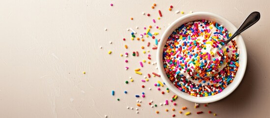 Aufkleber - Colorful sprinkles in a bowl with a spoon on a beige background with copy space image for customization