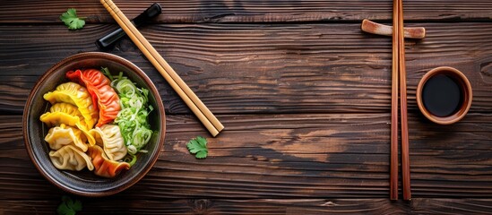 Poster - Wooden background with colorful dumplings in a bowl accompanied by soy sauce cabbage and chopsticks with available space for adding text in the image. Creative banner. Copyspace image