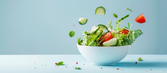 Aufkleber - Fresh vegetable salad in a bowl with tomato and cucumber on a light blue backdrop perfect for a copy space image