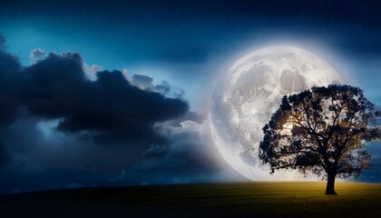 Wall Mural - tree in the foreground of cloudy sky with a large moon in the background at night