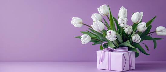 Sticker - White tulips displayed with a gift box on a lilac background with available copy space image