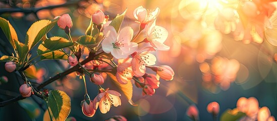 Leinwandbilder - Blossoming cherries on a tree in the sunlight surrounded by nature creating a picturesque scene with copy space image