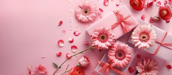 Poster - Celebrate International Women s Day with elegant gift boxes featuring roses and gerbera flowers on a pink background perfect for a copy space image