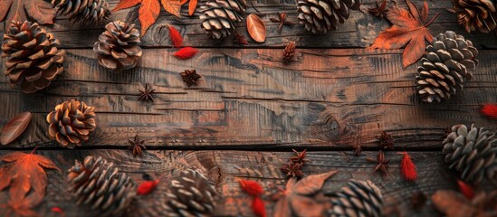 Aufkleber - Autumn themed composition featuring cones and leaves arranged on a wooden surface with ample copy space in the top view image