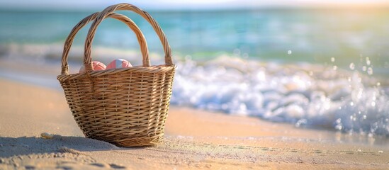 Poster - Sandy beach backdrop with a vacant summer picnic basket ideal for displaying items signaling a summer theme with ample copy space image