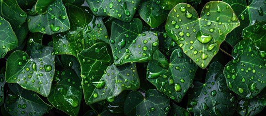 Poster - Close up macro shot of rain kissed ivy leaves serving as a nature background for design with a freshness concept providing a copy space image