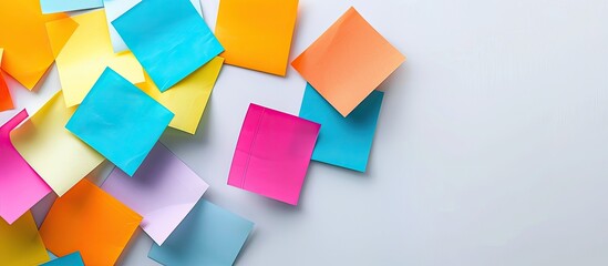 Aufkleber - View from above of vibrant sticky notes on a white backdrop ideal for school or office use Flat lay composition with space for additional images