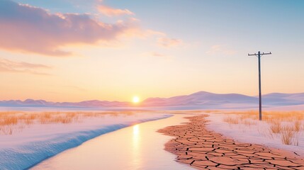 Wall Mural - Desert Sunset with River and Power Line.