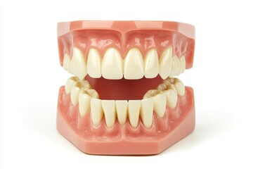 For preservations, full dentures with teeth, gums, and bone isolated on a transparent png background, fake teeth in dentistry, medicine, and prosthetics.