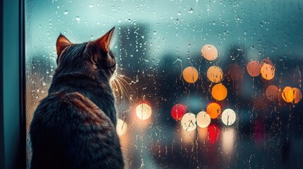 Wall Mural - A cat gazes out of a rain-streaked window, the cityscape beyond blurred by the downpour, capturing a moment of quiet reflection and solitude