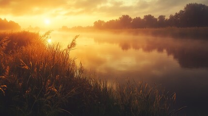 Poster - Foggy Dnister River in Ukraine, bathed in golden sunlight that casts a dramatic glow on fresh grass. This tranquil scene, captured with a vintage filter, evokes a deep sense of nostalgia and serenity