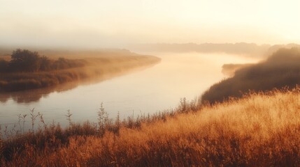 Wall Mural - Foggy Dnister River in Ukraine, bathed in golden sunlight that casts a dramatic glow on fresh grass. This tranquil scene, captured with a vintage filter, evokes a deep sense of nostalgia and serenity