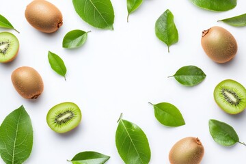 Wall Mural - Isolated photo of a fresh organic kiwi fruit with half slices falling or floating in the air against the background of green leaves. Contains a high level of vitamin C and minerals.