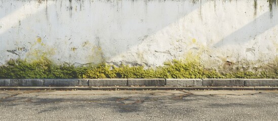 Leinwandbilder - Moss stained white plaster wall with a concrete sidewalk and asphalt road in front a house in the background Ideal grunge background with copy space image