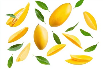 Wall Mural - Isolated green leaves and mango half slices with leaves falling in the air, high Vitamin and Mineral content.