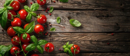 Aufkleber - Fresh cherry tomatoes basil and oregano on an aged wooden rustic background with copy space image