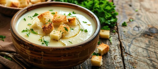 Aufkleber - Delicious cream soup with croutons in a rustic setting with a wooden background perfect for a copy space image