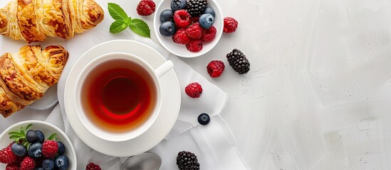 Poster - Delicious puff pastry and tea with berries on a white tabletop for a flat lay composition with room for text shown in the image. Creative banner. Copyspace image