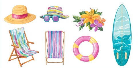 Wall Mural - Set of beach accessories for swimming and relaxing on holiday, including beach ball, seashell, hat, and other elements for the summer holiday season.