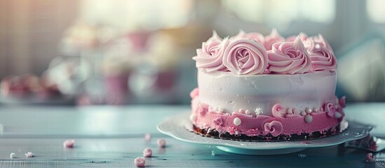Aufkleber - A pink birthday cake is displayed on the table with copy space image