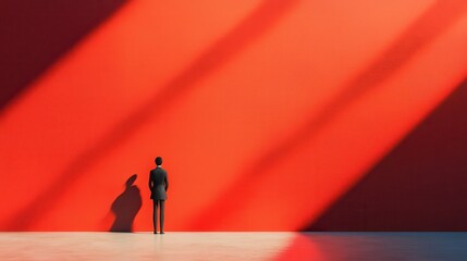 Wall Mural - Businessman Standing in Front of a Red Wall.