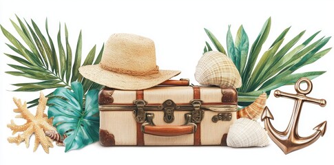 Wall Mural - Collection of summer holiday elements isolated on background, including suitcase, sunglasses, and hat.