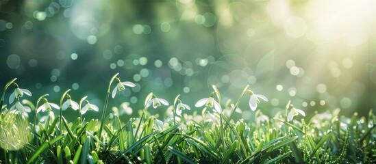Leinwandbilder - Springtime Easter background featuring white fresh snowdrops Galanthus blooming on a lush green meadow in a sunny garden ideal for a copy space image