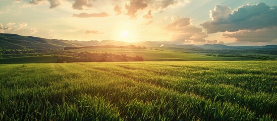 Poster - Scenic farmland with a picturesque backdrop featuring a vast expanse of beauty with copy space image