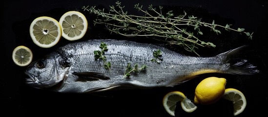 Canvas Print - Top view of a fresh sea bass with lemon and thyme on a black background ideal for a copy space image