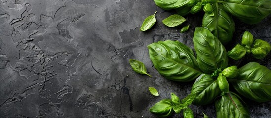 Poster - Dumplings and basil displayed on a black surface with copy space image