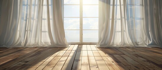 Poster - Room with wooden floor illuminated by daylight through a see through window with white curtains on a sunny and cloudy day perfect for copy space image