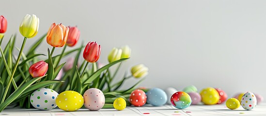 Wall Mural - Copy space image featuring vibrant tulips and eggs against a white backdrop embodying the essence of Spring and Easter celebrations