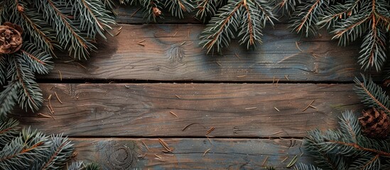 Aufkleber - Vintage style backdrop with pine leaves on aged brown wood for a copy space image