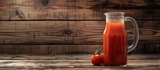 Aufkleber - Wooden table with a glass jug filled with fresh tomato juice providing space for text with a copy space image