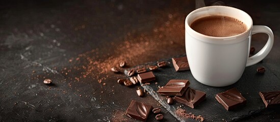 Poster - Mug with tasty hot chocolate on a dark table with copy space image