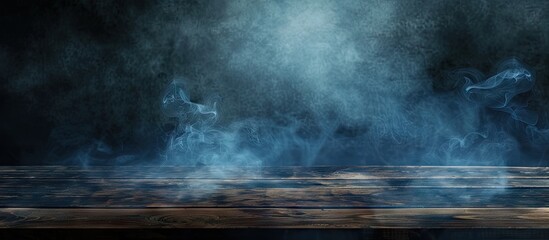 Aufkleber - A dark background enhances the visual appeal of an empty wooden table with smoke rising creating an atmospheric and artistic copy space image