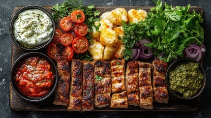 Wall Mural - Greek food set with moussaka, souvlaki, and tzatziki