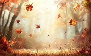 Sticker - Landscape with yellow trees and sun. Floral background in the park. Falling leaves in the natural environment. Autumn season concept.