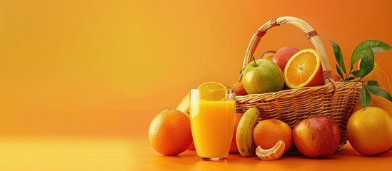 Poster - Fresh fruits in a basket near a glass of orange juice set against an orange background with copy space image