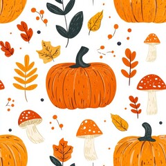 Canvas Print - A seamless pattern of autumn leaves, acorns, apples, pumpkins, mushrooms, berries, with red and yellow oak leaves. Consider using for wrapping paper or fabric.