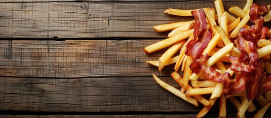 Wall Mural - Flat lay of appetizing French fries and bacon on a wooden surface with copy space image available