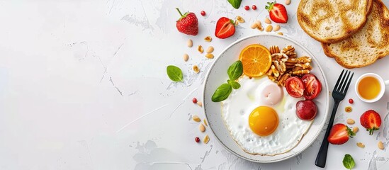 Poster - High quality photo showcasing a delicious homemade breakfast from a top view with space for text or graphics. Creative banner. Copyspace image